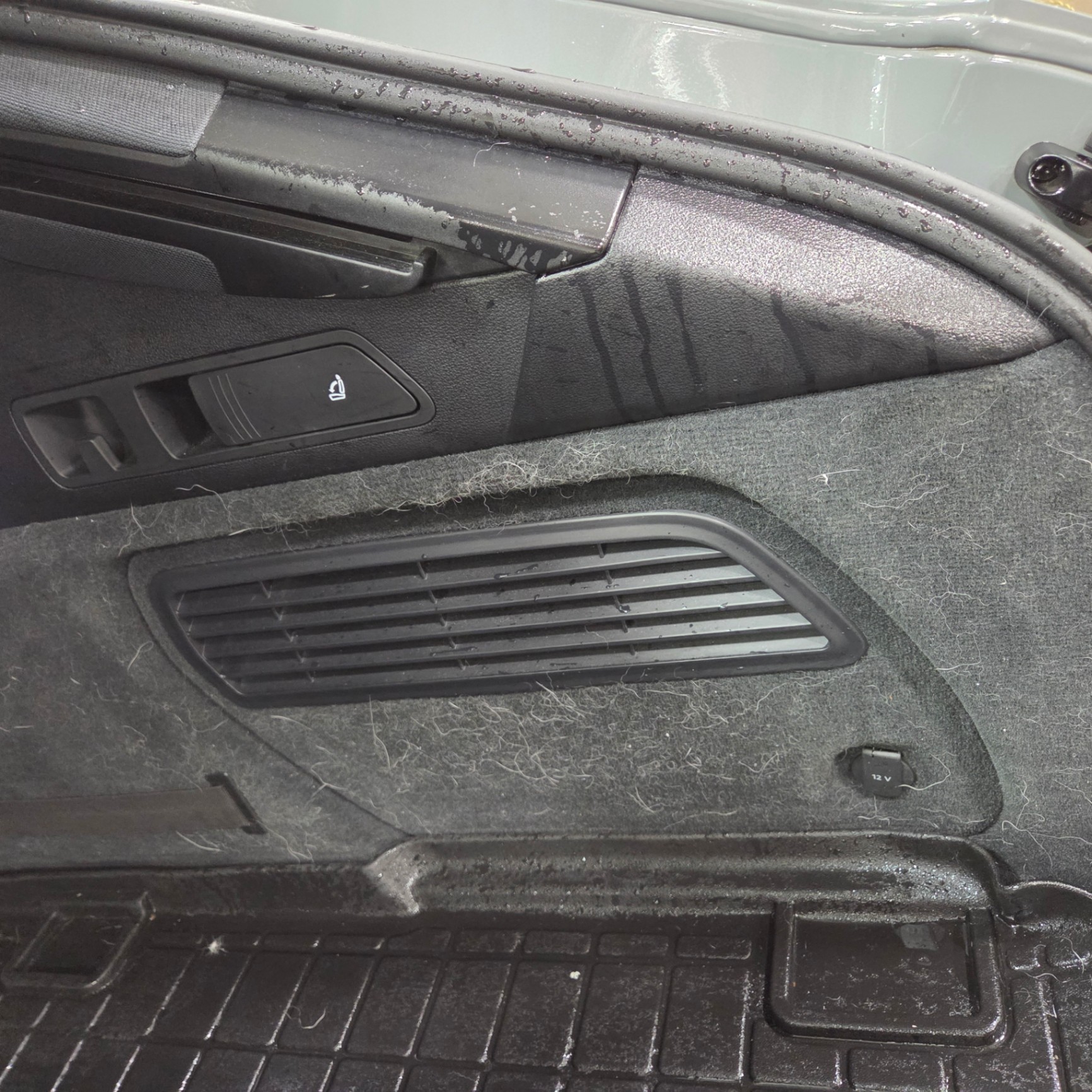 Interior condition documented at intake — dust on door panel, vent, cargo floor